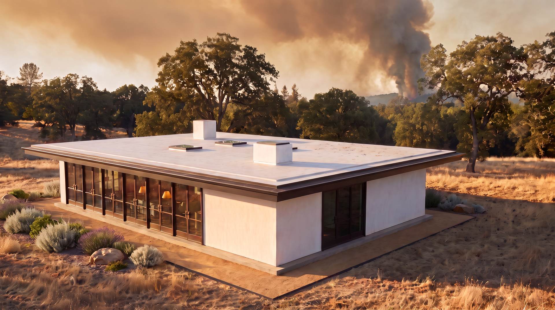 The example wildfire-country home with the plan done, under a smoke column on the far ridge.