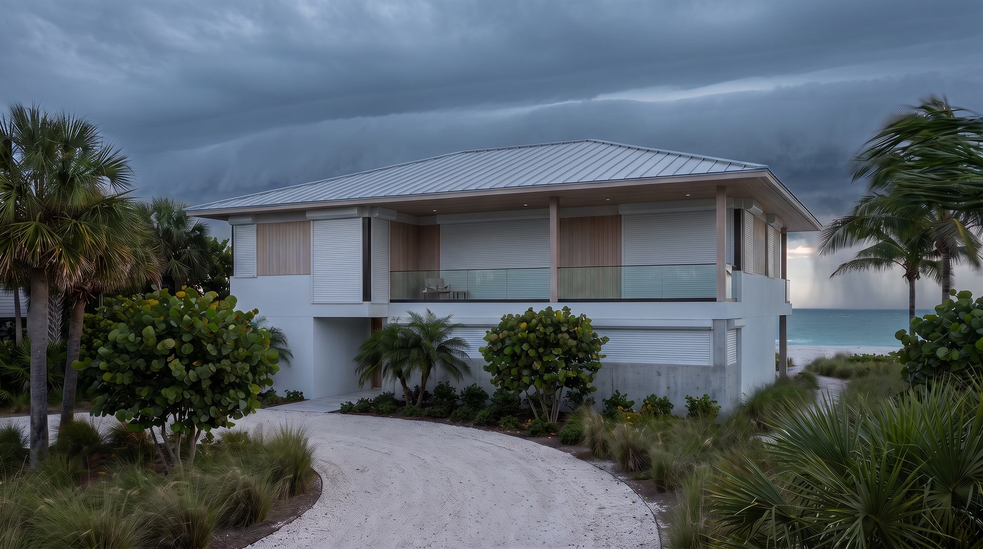 The example coastal home in a storm off the water, every shutter down.