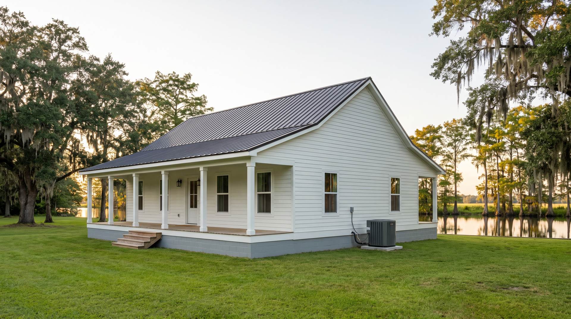 Example cottage beside a bayou as it stands: the air conditioner sits on the ground and the foundation has no flood vents.