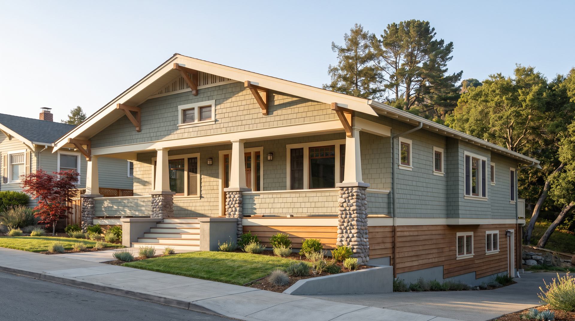Example Craftsman home on a slope as it stands: a wood cripple wall under the porch floor and a tall wall down the hill.